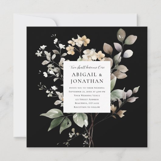 エレガント秋フローラオン黒クリスチャン結婚ズ 招待状 (正面)