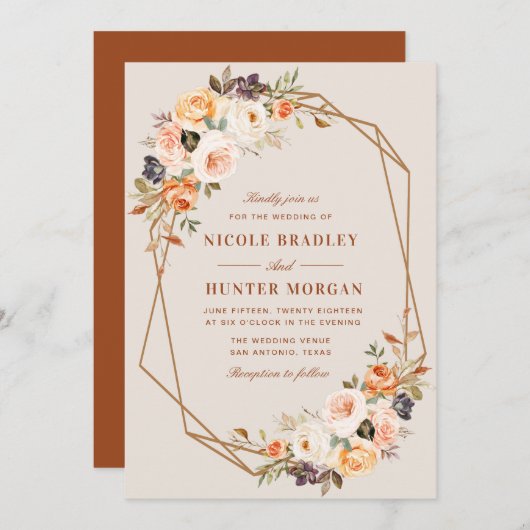 エレガント秋フローラテラコッタ幾何結婚の 招待状 (正面/裏面)