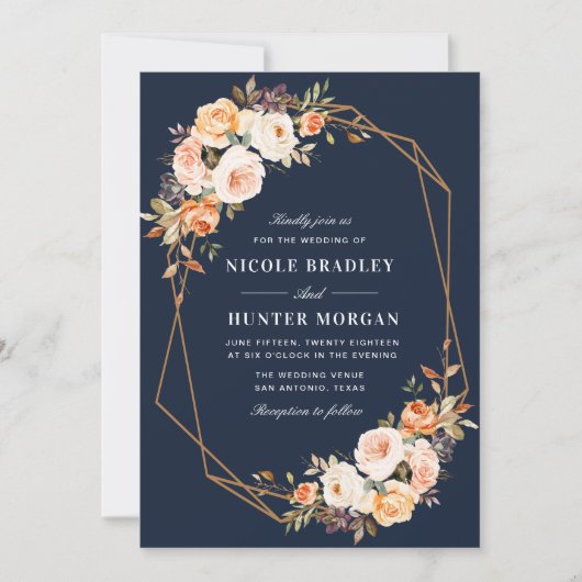 エレガント秋フローラネイビー結婚ブルージオメトリック 招待状 (正面)