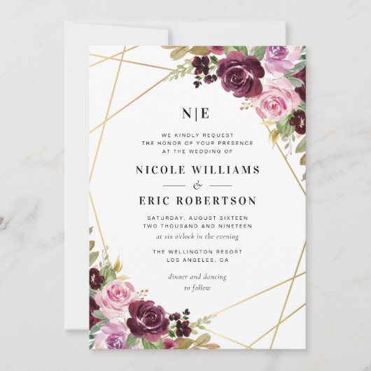 エレガント秋フローラ幾何結婚の 招待状 (正面)