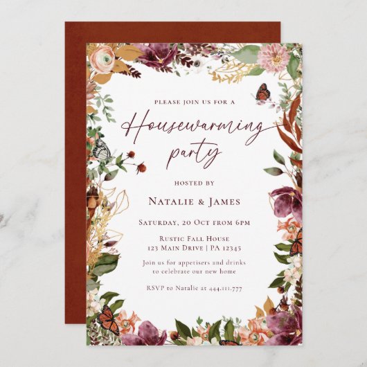 エレガント秋フローラ引っ越し祝いパーティーパーティー 招待状 (正面/裏面)