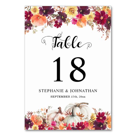 エレガント秋フローラ水彩結婚式招待状 テーブルナンバー (正面)