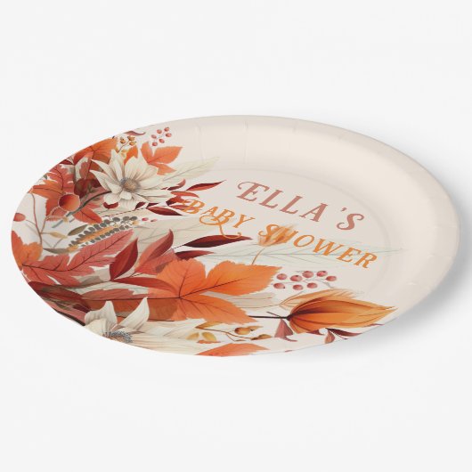 エレガント秋フローラ葉の赤ちゃんシャワー ペーパープレート (アングル)
