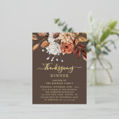 エレガント秋フローラ葉感謝祭金ゴールド 箔招待状ポストカード (立ち正面)