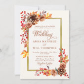 エレガント秋フローラ金ゴールドフレームロマン結婚ティック 招待状 (正面)