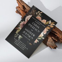 エレガント秋ブラックフローラのリハ結婚ーサルディナー 招待状