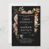エレガント秋ブラックフローラのリハ結婚ーサルディナー 招待状 (正面)