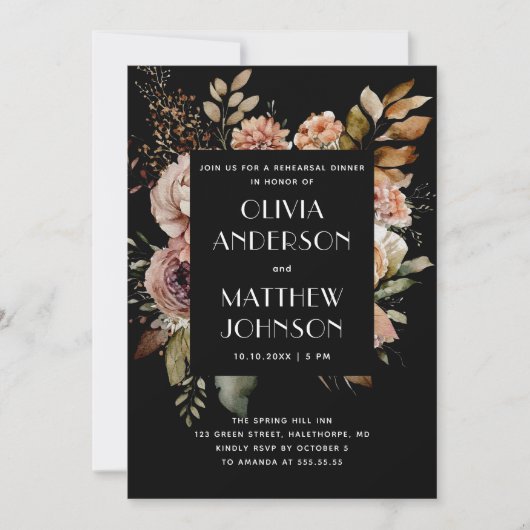 エレガント秋ブラックフローラのリハ結婚ーサルディナー 招待状 (正面)