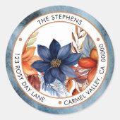 エレガント秋ブルーフローラサークル差出人住所 ラウンドシール (正面)