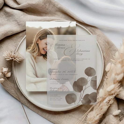 エレガント秋ボタニカルアッシュ結婚オーバーレイ ベラム紙招待状