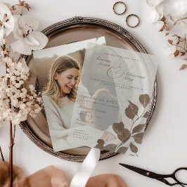 エレガント秋ボタニカルアッシュ結婚オーバーレイ ベラム紙招待状