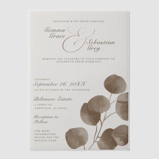エレガント秋ボタニカルアッシュ結婚オーバーレイ ベラム紙招待状 (正面)