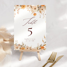 エレガント秋ワイルドフラワーオレンジ&ブラウン結婚ズ テーブルナンバー
