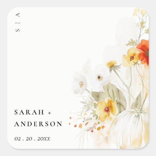 エレガント秋ワイルドフラワーカボチャの水の色結婚の値 スクエアシール (正面)