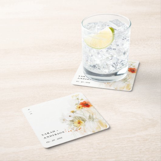 エレガント秋ワイルドフラワーカボチャの水の色結婚の値 スクエアペーパーコースター (インサイチュ)