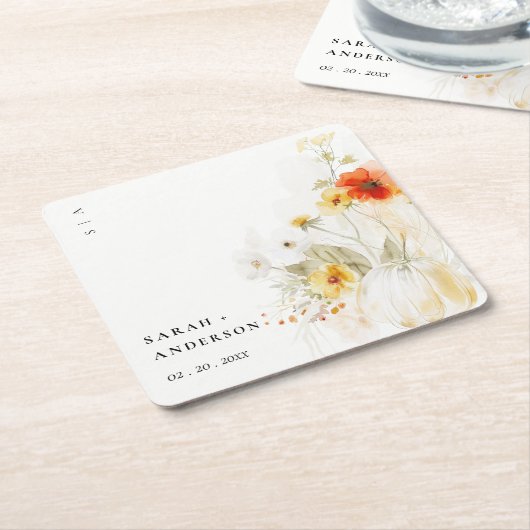 エレガント秋ワイルドフラワーカボチャの水の色結婚の値 スクエアペーパーコースター (アングル)
