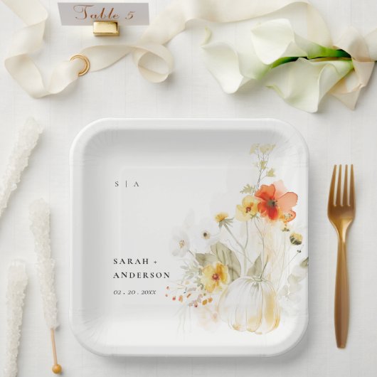 エレガント秋ワイルドフラワーカボチャの水の色結婚の値 ペーパープレート (ウェディング)