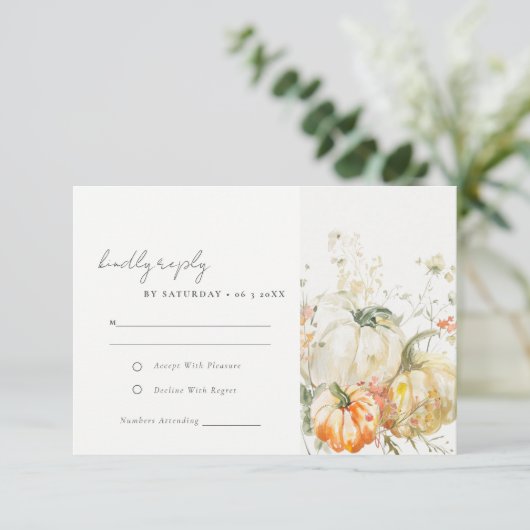 エレガント秋ワイルドフラワーカボチャの水の色結婚の値 出欠カード (スタンド正面)