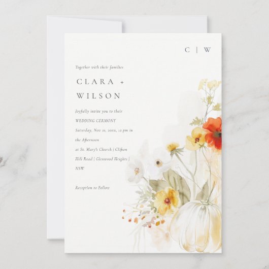 エレガント秋ワイルドフラワーカボチャの水の色結婚の値 招待状 (正面)