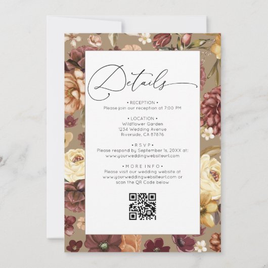 エレガント秋ワイルドフラワーフローラQRコード結婚s 招待状 (裏面)