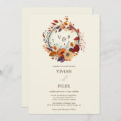 エレガント秋ワイルドフラワー名イニシャル結婚ズ 招待状 (正面/裏面)