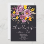 エレガント秋冬パープルフローラスクリプ結婚ト 招待状 (正面)