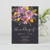 エレガント秋冬パープルフローラスクリプ結婚ト 招待状 (スタンド正面)