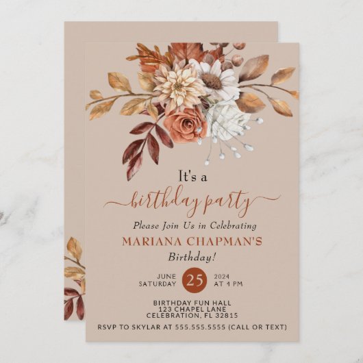 エレガント秋水彩フローラオンタウペパーティー 招待状 (正面/裏面)