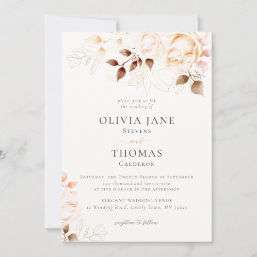 エレガント秋焼けオレンジ色のフローラ結婚ズ 招待状 (正面)