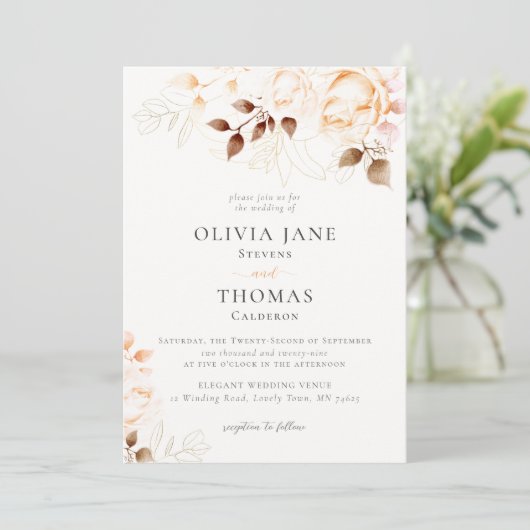 エレガント秋焼けオレンジ色のフローラ結婚ズ 招待状 (スタンド正面)