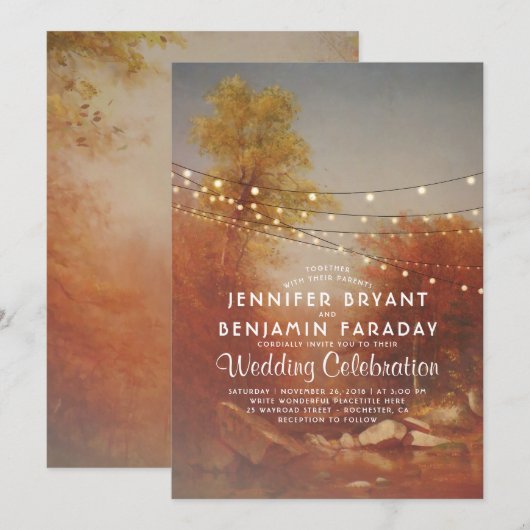 エレガント秋素朴ツリーストリングラ結婚イト 招待状 (正面/裏面)
