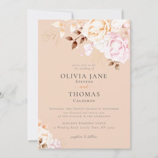 エレガント秋赤面オレンジ結婚フローラ 招待状 (正面)