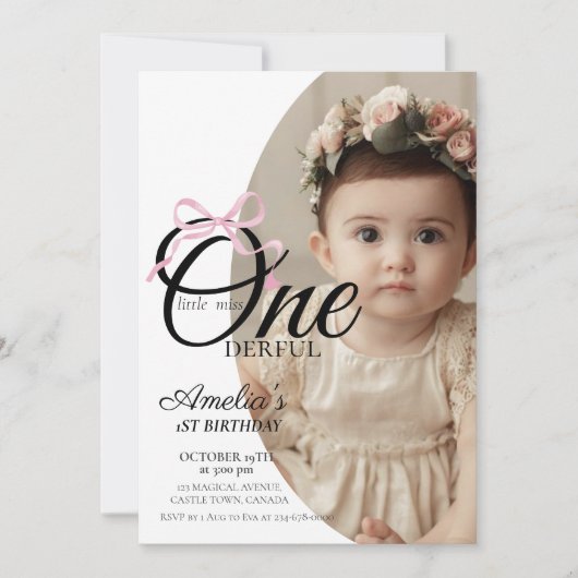 エレガント第1フォトボウ誕生日ガーリーパーティー 招待状 (正面)