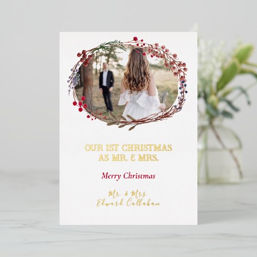 エレガント第1回クリスマス結婚したブライダル写真白 箔シーズンカード (立ち正面)