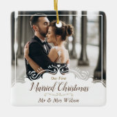 エレガント第1回クリスマ結婚したスワンフォト セラミックオーナメント (正面)