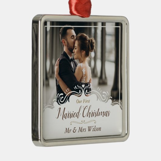 エレガント第1回クリスマ結婚したスワンフォト メタルオーナメント (右)
