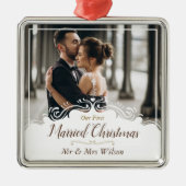 エレガント第1回クリスマ結婚したスワンフォト メタルオーナメント (正面)