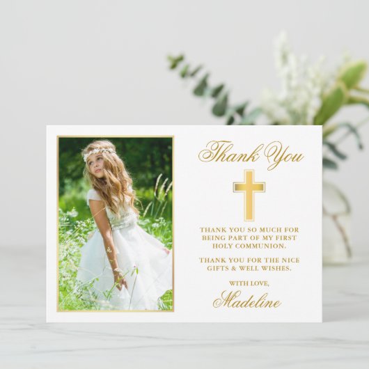 エレガント第1聖餐式の写真金ゴールド枠 サンキューカード (スタンド正面)