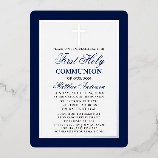 エレガント第1聖餐式クロスシルバーフレーム 箔招待状 (正面)