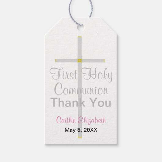 エレガント第1聖餐式シルバークロスカピンク ギフトタグ (正面)