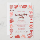 エレガント第1誕生日招待状グレイ赤いハート 招待状 (正面)