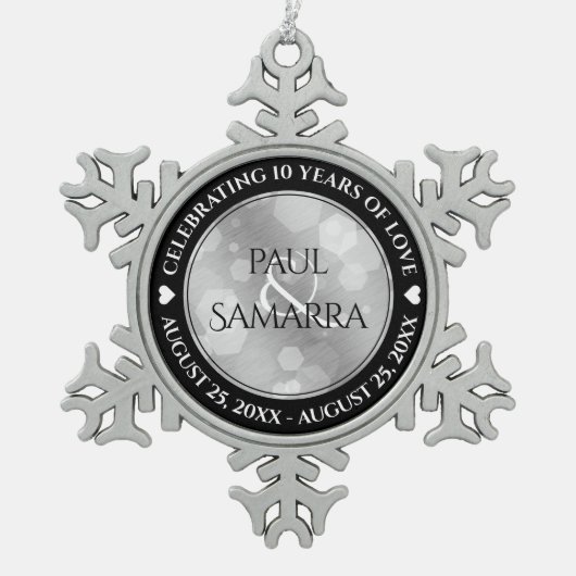 エレガント第10回ティン結婚ズ記念日お祝い スノーフレークピューターオーナメント (正面)
