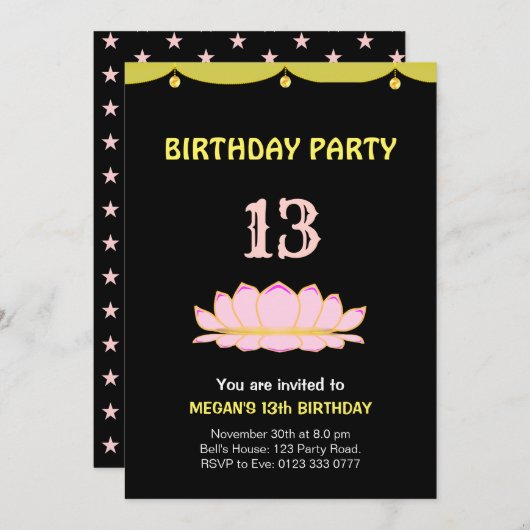 エレガント第13期誕生日パーティー招待状 招待状 (正面/裏面)
