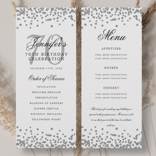 エレガント第70回誕生日プログラムメニュー感謝していUシルバー 招待状