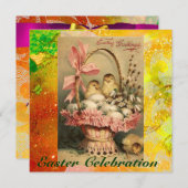 エレガント籠、鶏、花、復活卵 招待状 (正面/裏面)