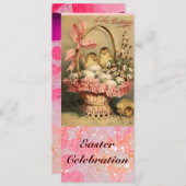 エレガント籠、鶏、花、復活卵 招待状 (正面/裏面)