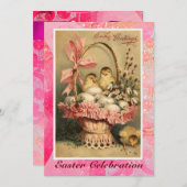 エレガント籠、鶏、花、復活卵 招待状 (正面/裏面)