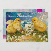 エレガント籠、鶏、花、復活卵 招待状 (正面/裏面)