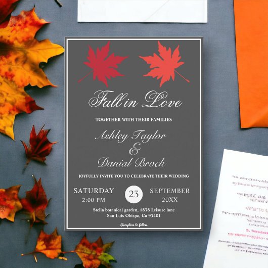 エレガント紅葉グレ素朴ーボホ秋の結婚式 招待状