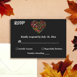 エレガント紅葉ハートブラックフローラ結婚ズ 出欠カード